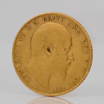 GULDMYNT, sovereign, Edward VII, Storbritannien, 1910. Totalvikt ca 7 g.