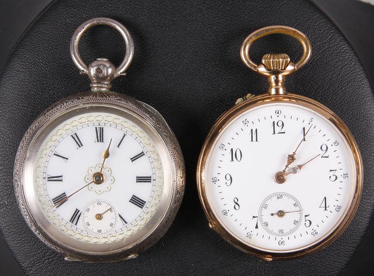 DAMFICKUR, 2 st, guld 14K resp silver. Omkring 1900.