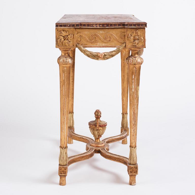 A Gustavian giltwood and faux-porphyry console table, late 18th century.