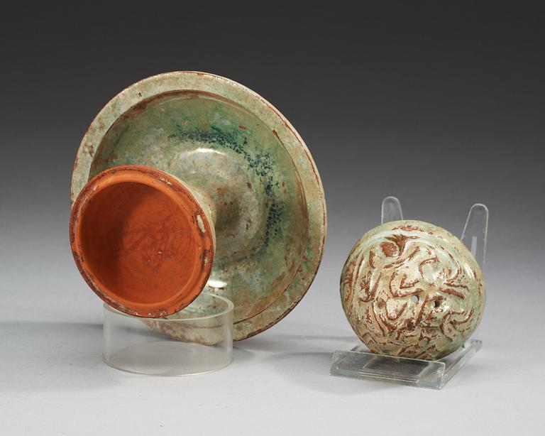 A green glazed boshan-lu censer with cover, Han dynasty (206 BC - 220 AD).