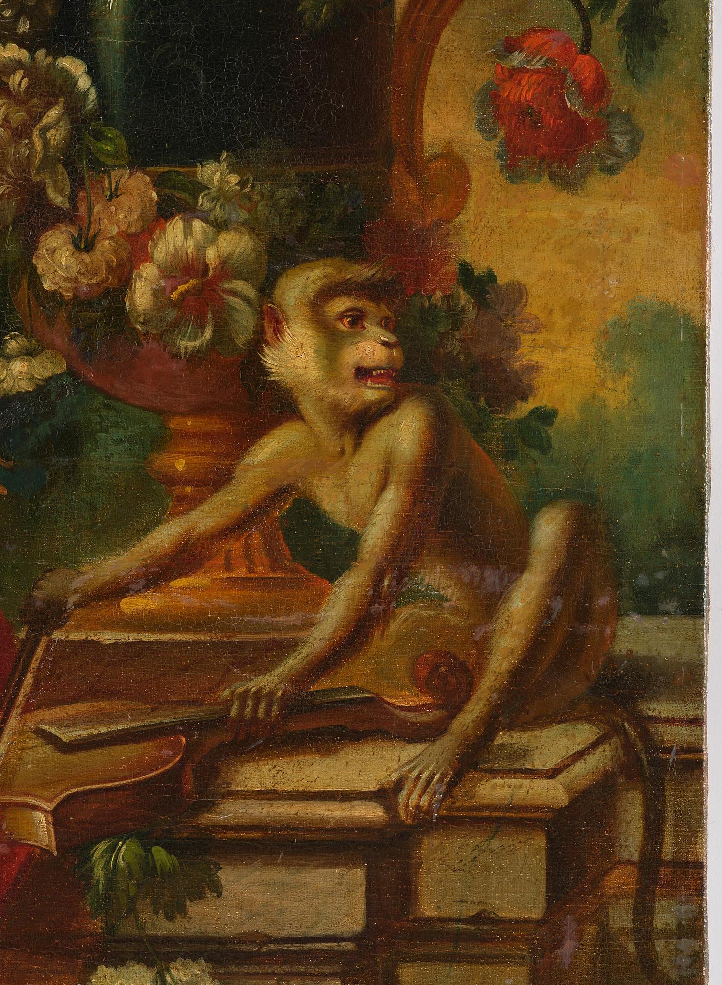 Pieter Casteels III, follower of, Wall panels, a pair, Flower urns with a parrot and a monkey respectively.