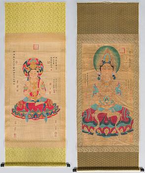 Two Chinese scroll paintings, watercolour and ink on silk,  turn of the 20th century.