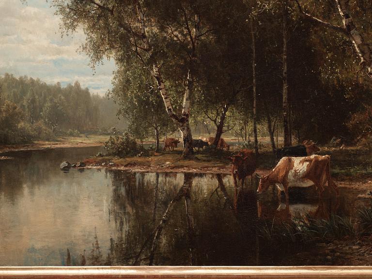 Edvard Bergh, Landscape with birch trees and cows by water.