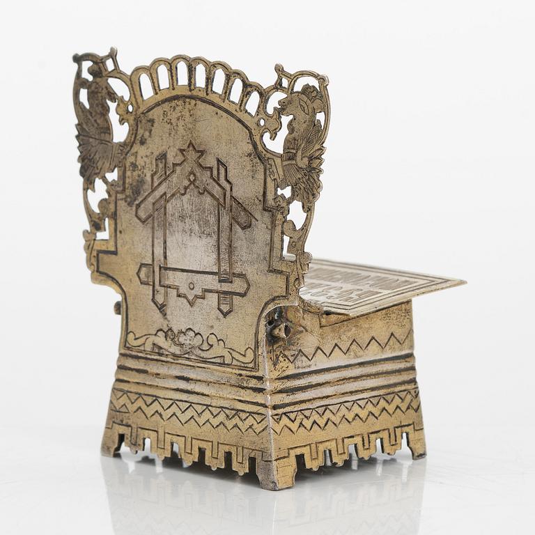 A Pan-Slavic parcel-gilt silver salt chair, maker's mark of Sergei Ivanovitch Agafonov, Moscow 1883.