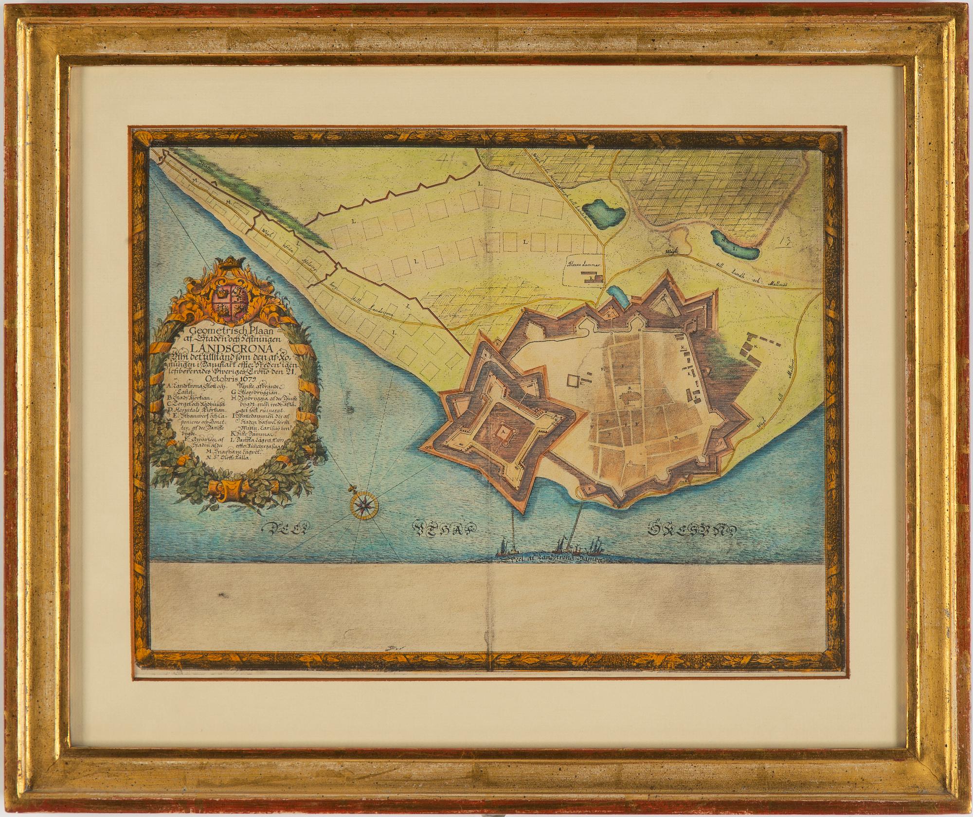 Erik Dahlbergh, after, coloured engravings, maps over Helsingborg and Landskrona, daterad 1679. Printed 1922.
