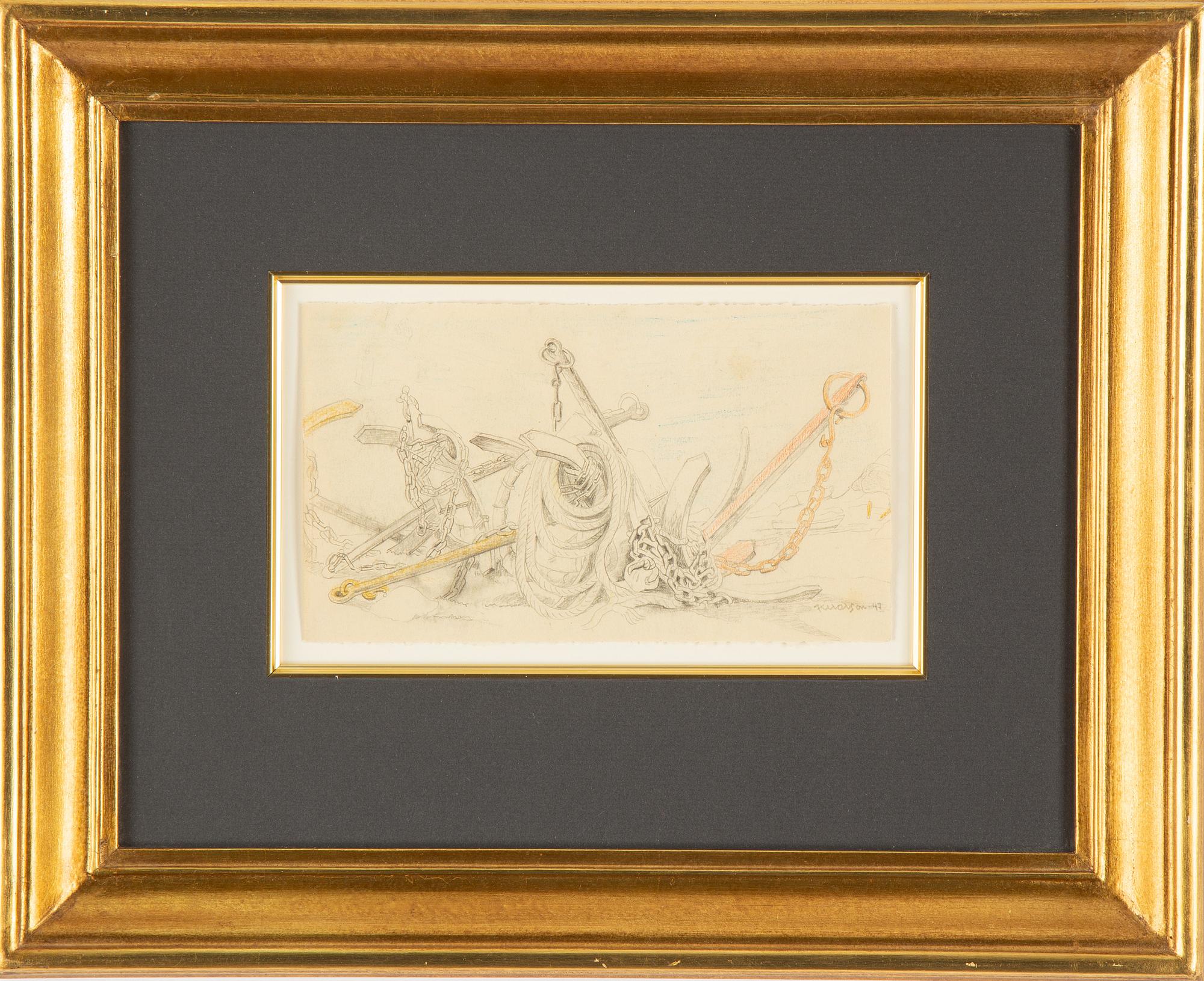 Axel Olson, a chalk drawing, a sketch for the painting "Förankring i verkligheten", signed.