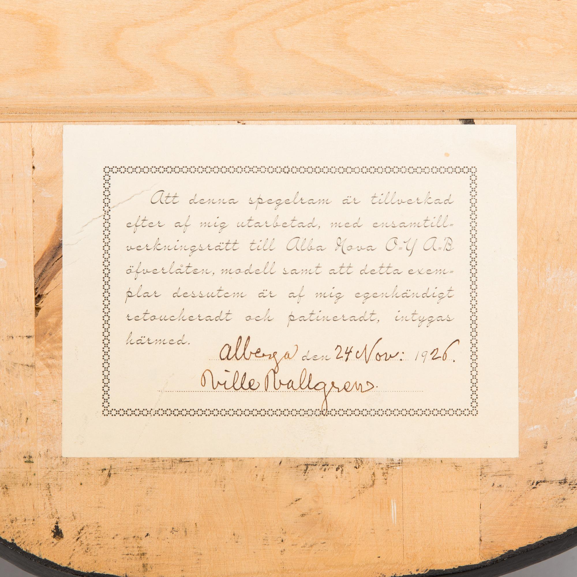 Ville Vallgren,  a wall mirror, signed and label marked, 1920s.