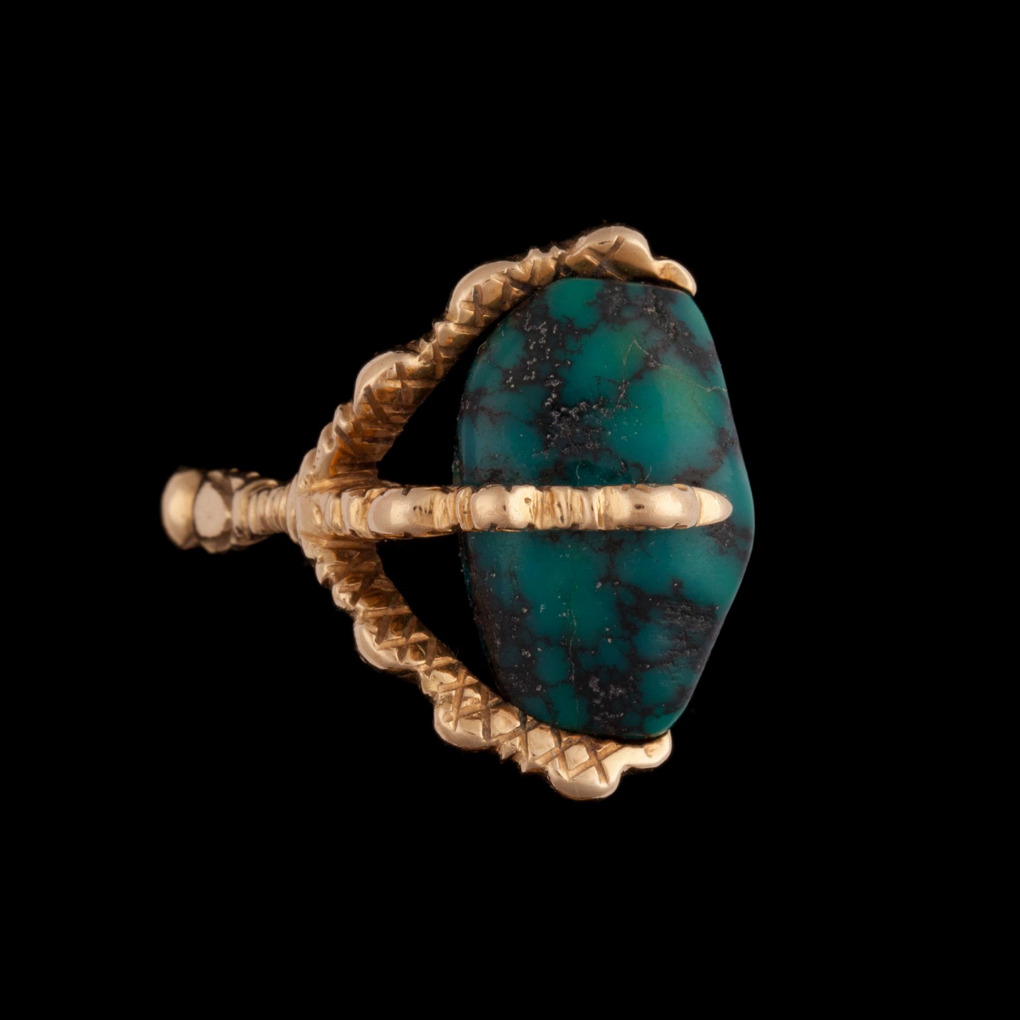 RING, 18 k guld, turkos, utländska stämplar, 1900-talets andra hälft. Tot vikt ca 7 g.