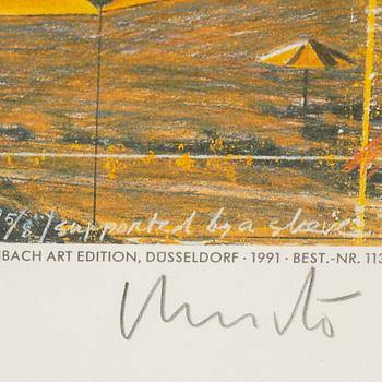 CHRISTO & JEANNE-CLAUDE, offset-tryck med tygapplikation, signerat.