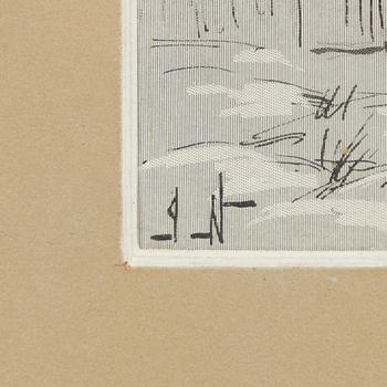 Jenny Nyström, Flicka med blommor, skrapkartong och tusch, monogramsignerad.