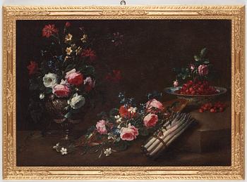 Bartolomeo del Bimbo (”Bimbi”) Hans krets, Stilleben med blommor, bär,  och sparris.