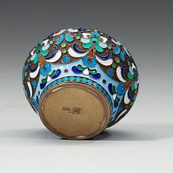 A Russian late 19th century silver-gilt and enamel salt, marks of Pyetr Baskakov, Moscow.