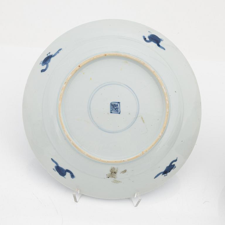 A Chinese dinner plate and a Japanese imari bowl, 18th Century together with a Chinese 19th Century jar with cover.
