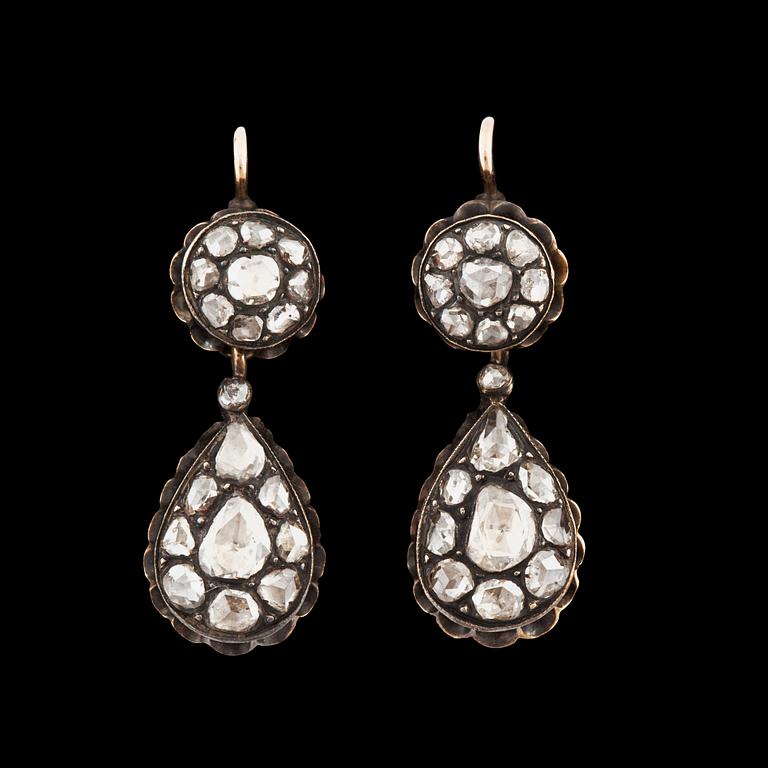 A pair of rose cut diamond earrings. 19th century.