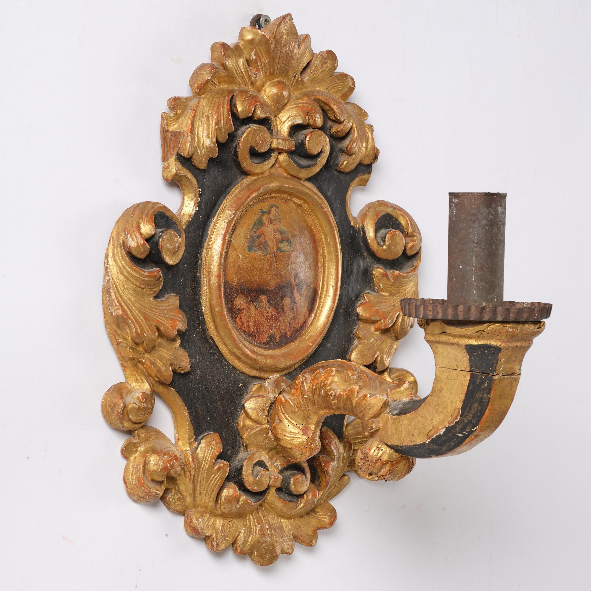 Wall sconces, a pair for one candle, Italy, 19th century, Baroque style.