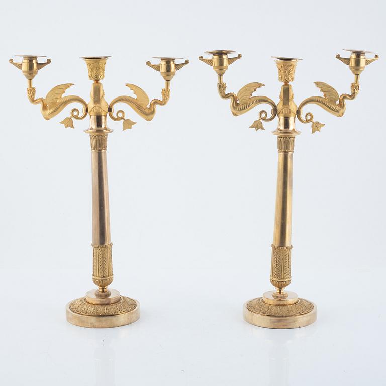 A pair of ormolu three-branch Empire candelabra, Stockholm, early 19th century.