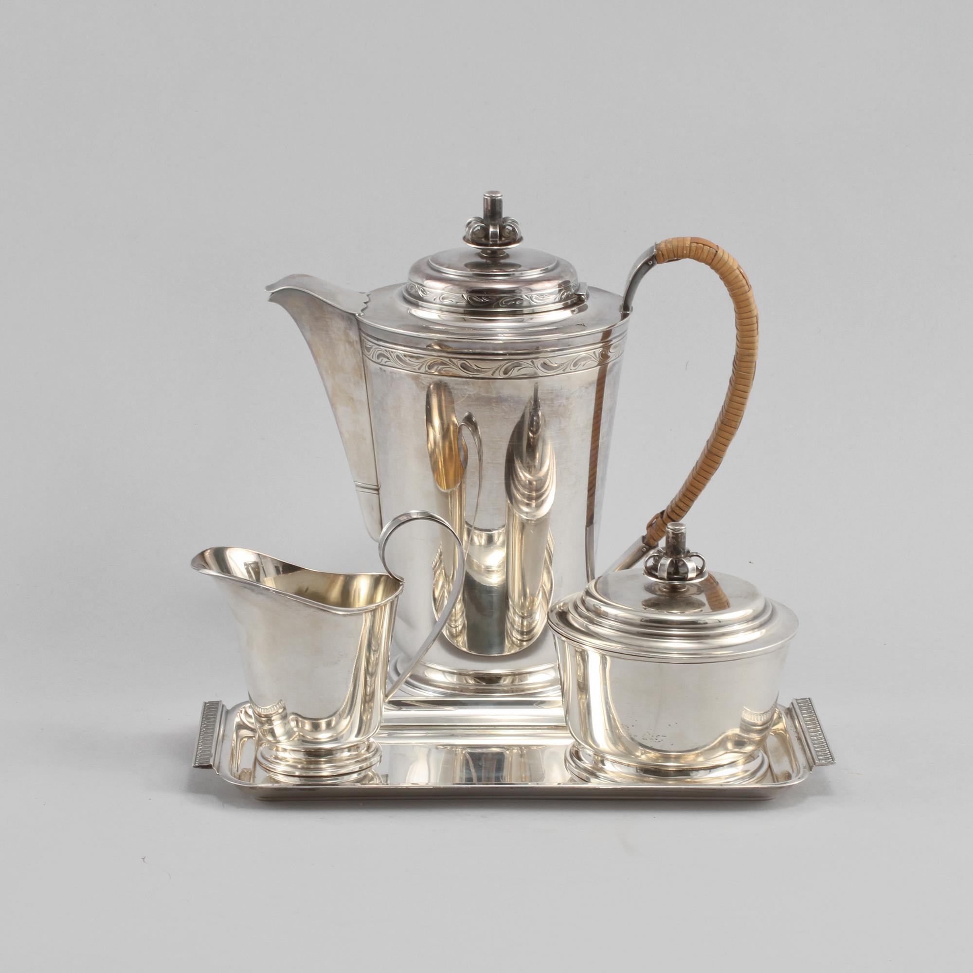 KAFFESERVIS, 3+1 delar, silver, Tore Eldh, Ceson, Göteborg, 1949 samt 1960. Total vikt 845 gram.