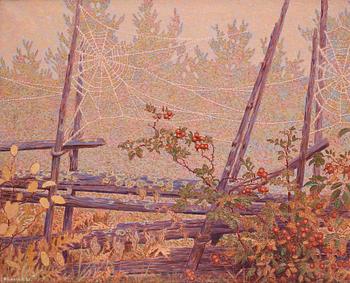 Gustaf Fjaestad, Autumn landscape with roundpole fence.