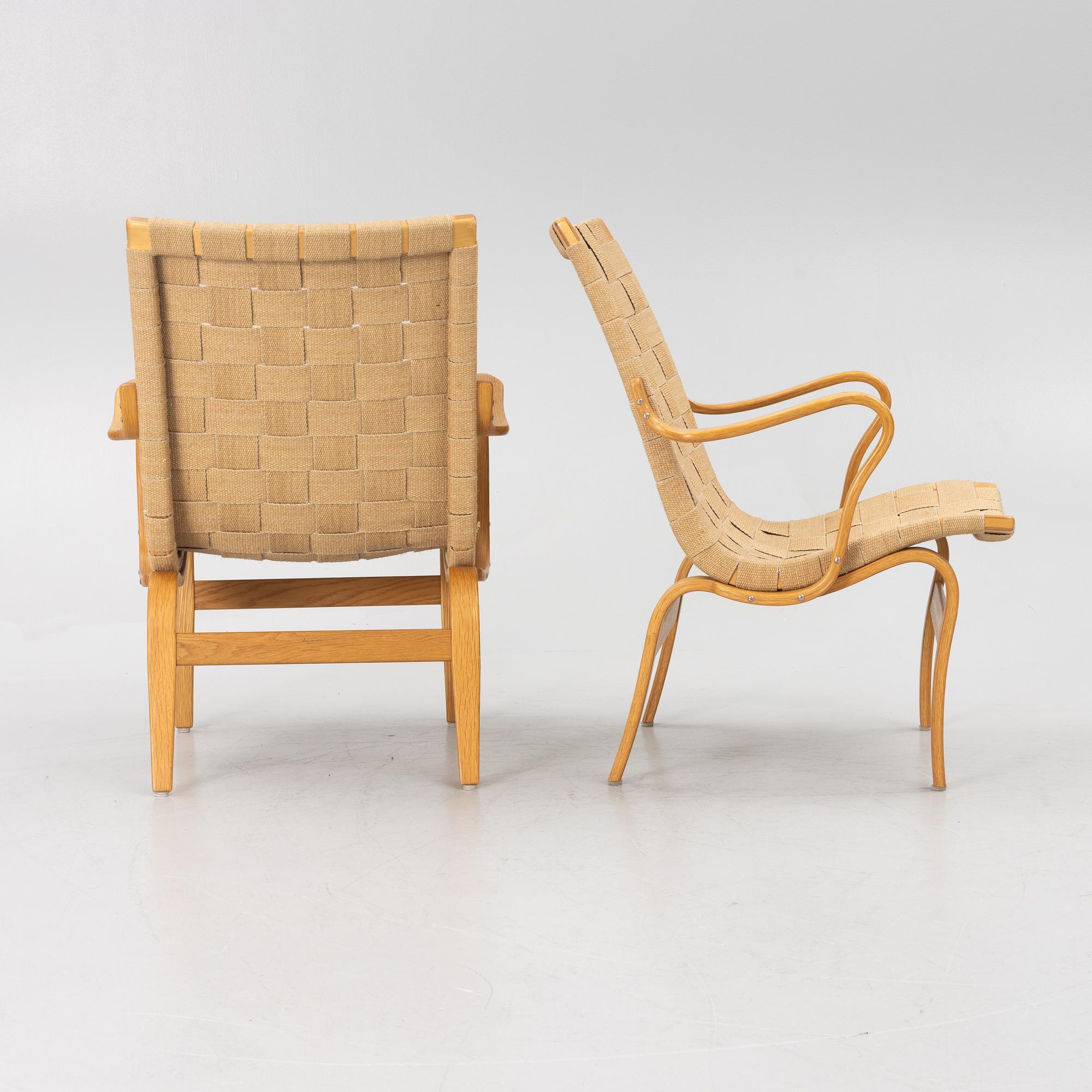 Bruno Mathsson, a pair of 'Eva' armchairs, Firma Karl Mathsson, Värnamo, 1973.
