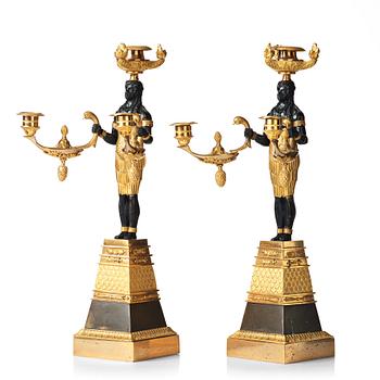 A pair of Empire three-light candelabra, circa 1810.