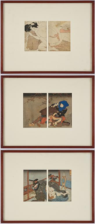 Oidentifierade konstnärer, färgträsnitt, shunga, albumblad, tre diptyker, Japan, 1800-tal.