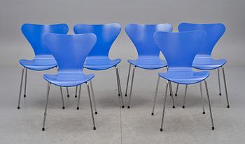 STOLAR, 6 st, "Sjuan", Arne Jacobsen för Fritz Hansen, etikettmärkta, 1999.