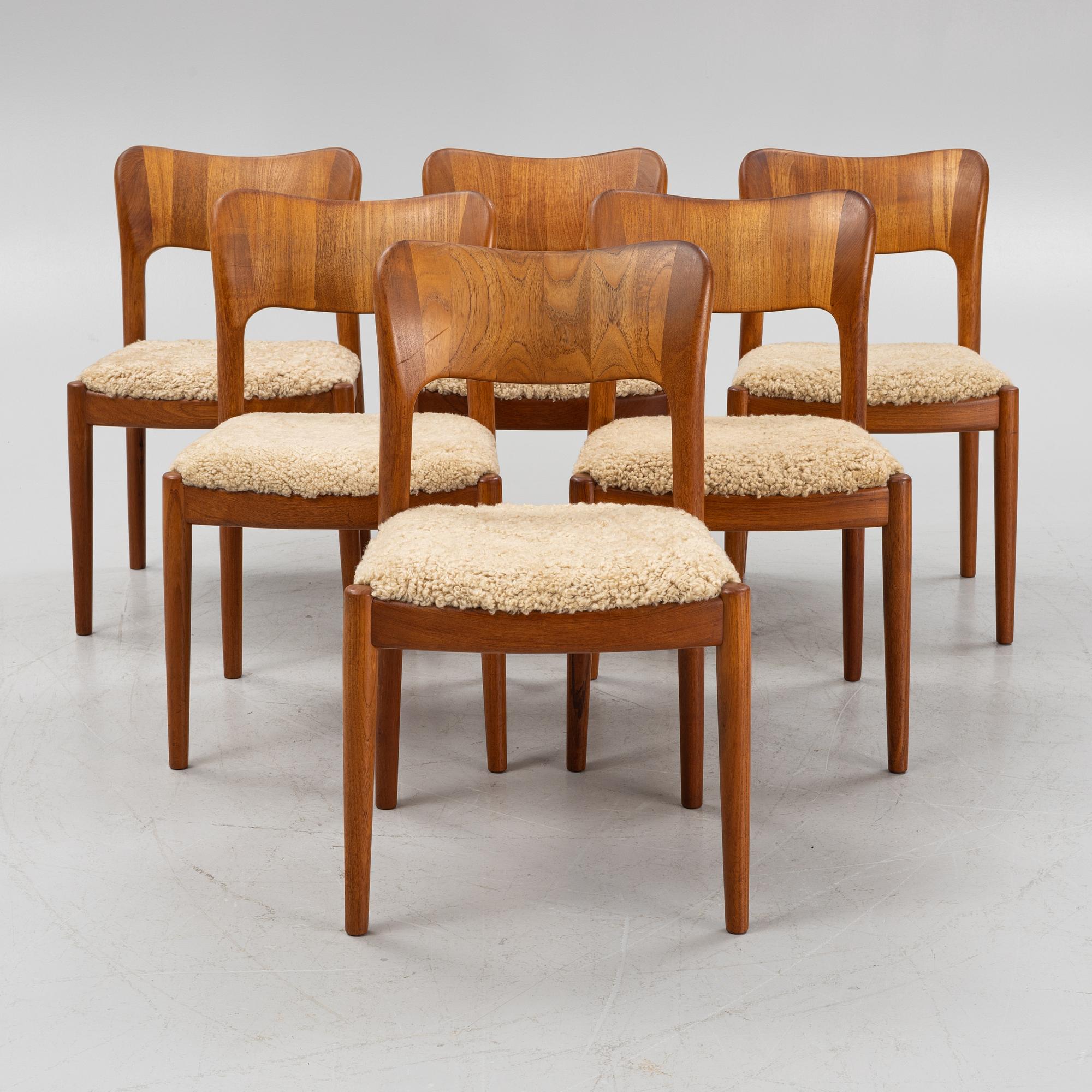 Niels Koefoed, a set of six teak dining chairs upholstered in new sheepskin, Denmark, 1960's.