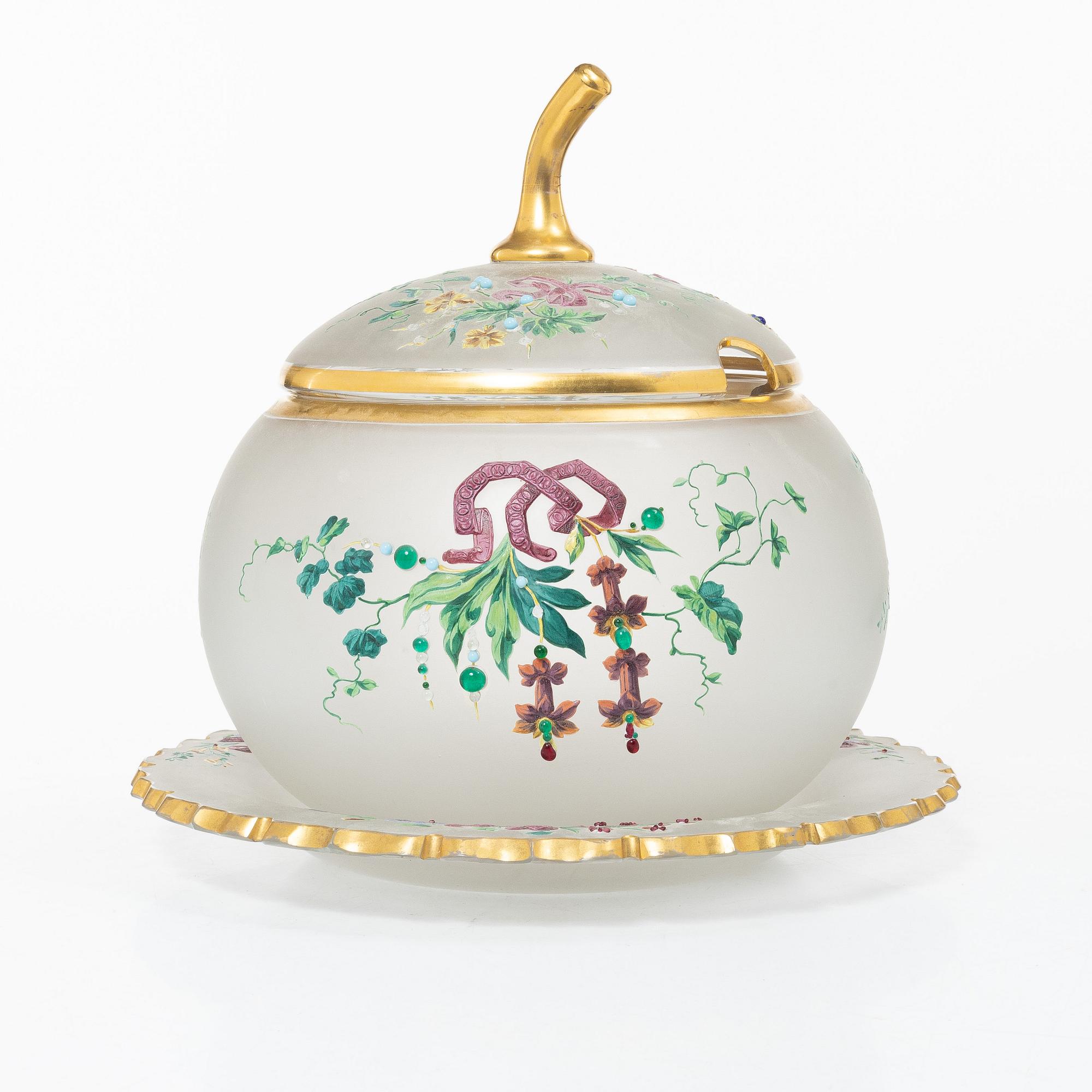 Punch bowl with lid and tray, frosted glass, Germany, circa 1900.