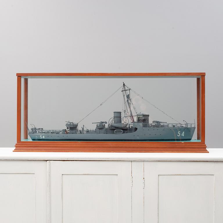 A scale modelship of the Swedish minesweeper HMS Landsort.