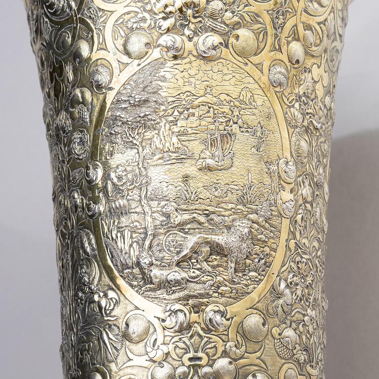 A partially gilded silver chalice, historicism, 19th century, baroque style, fantasy marks.