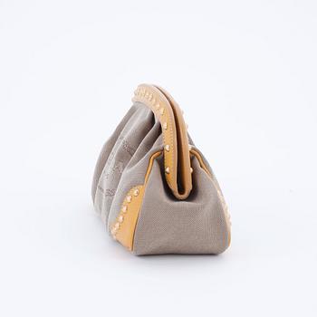 PRADA, a beige canvas clutch bag.