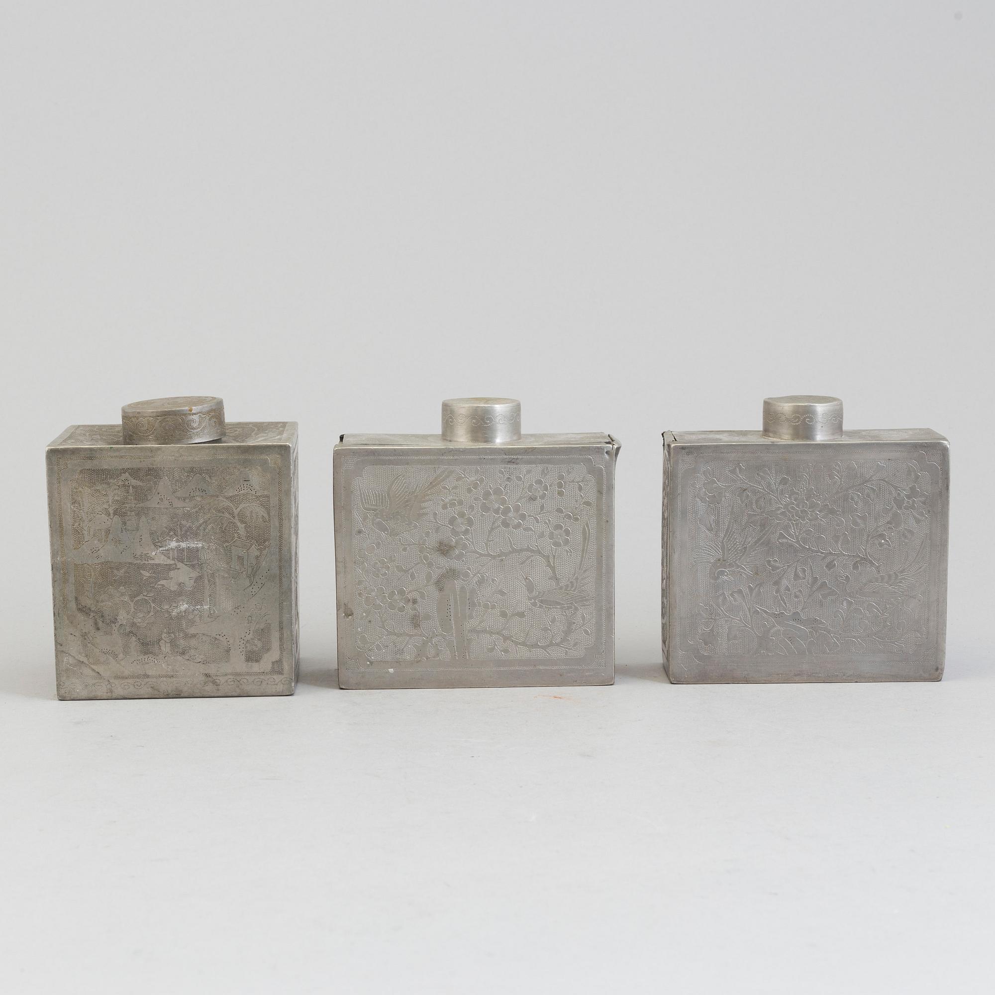 Three Chinese teacaddies in tin, Qing dynasty, 19th century.