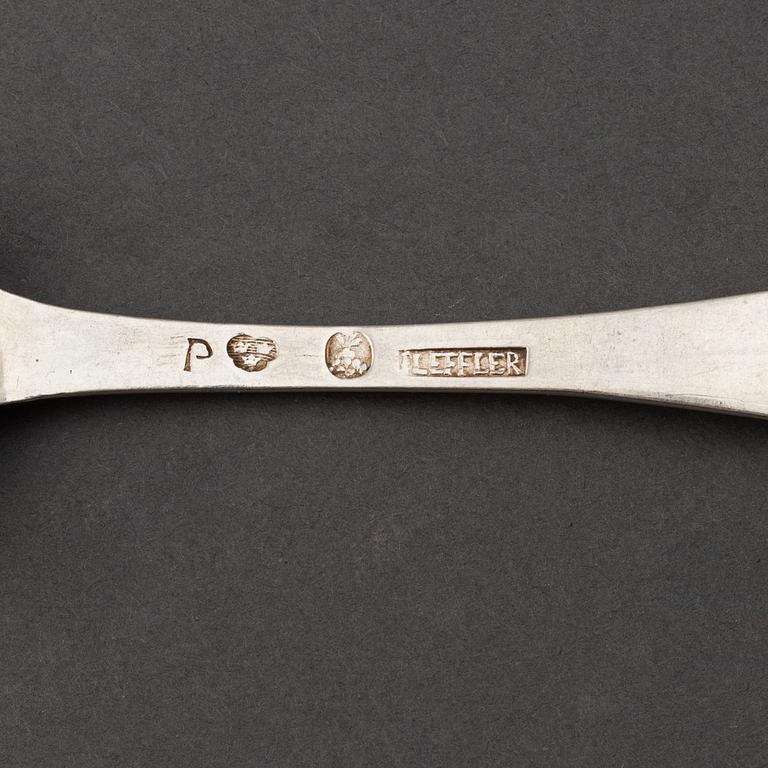 A set of six Swedish 18th century silver dinner-spoons, mark of Johan Leffler, Falun 1773.