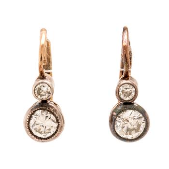 Earrings, a pair of 14K gold with round old-cut diamonds.