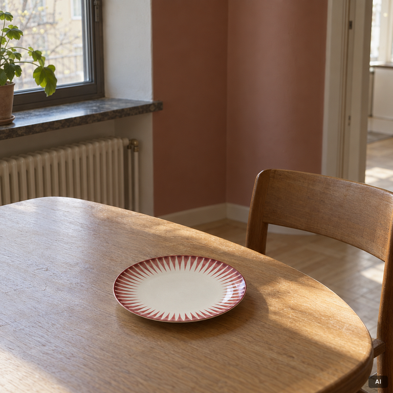 Eugen Trost, Five 'Red Zebra' cream-ware side plates. Uppsala-Ekeby Gefle.