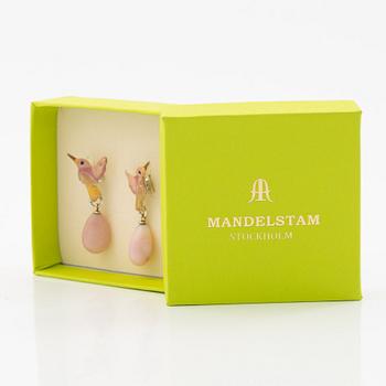 Earrings, silver, gold and enamel in the form of a hummingbird with pink opal, Mandelstam.