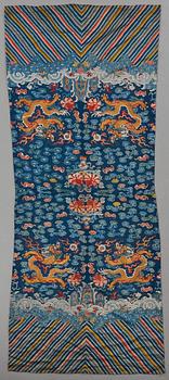 714. Three embroidered silk panels and a group of silk textiles, Qing dynasty (1644-1912).