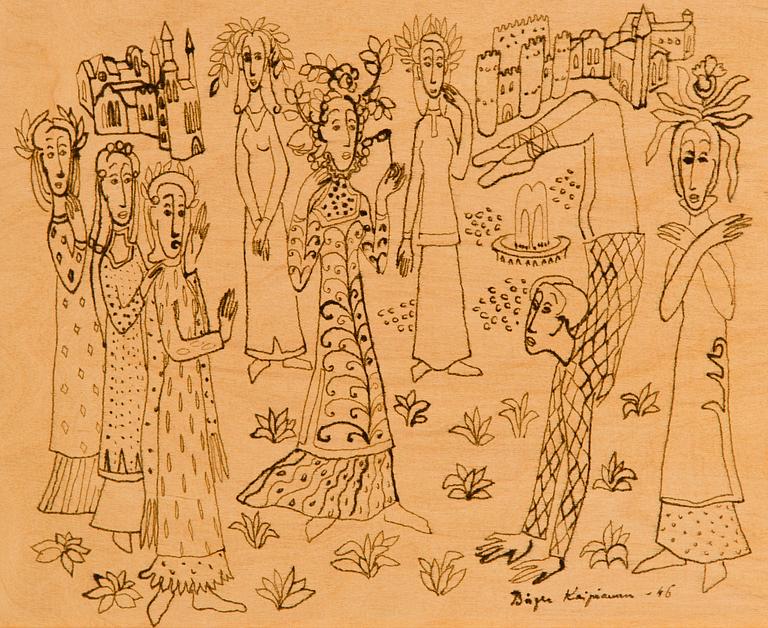 Birger Kaipiainen, piirros, tussi vanerille, signeerattu ja päivätty -46.