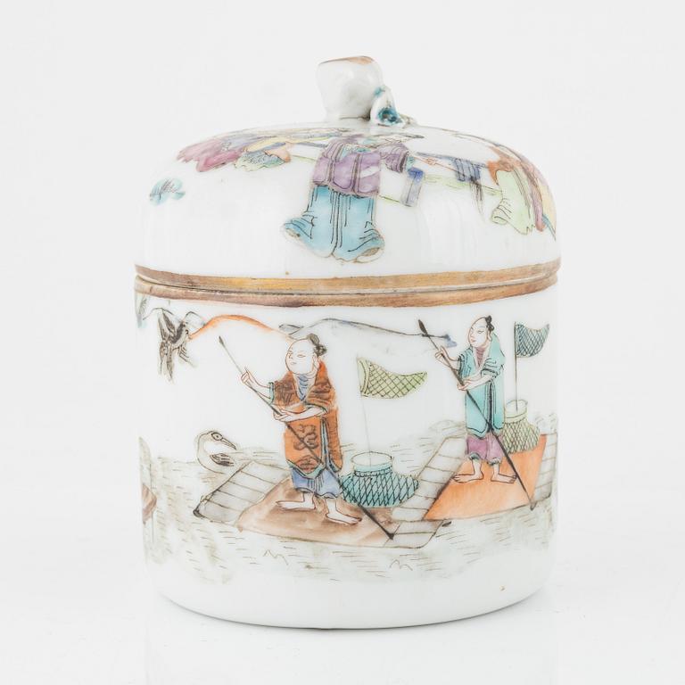 Box with lid, cup with lid, and bowl, porcelain, China, late Qing Dynasty, late 19th century.