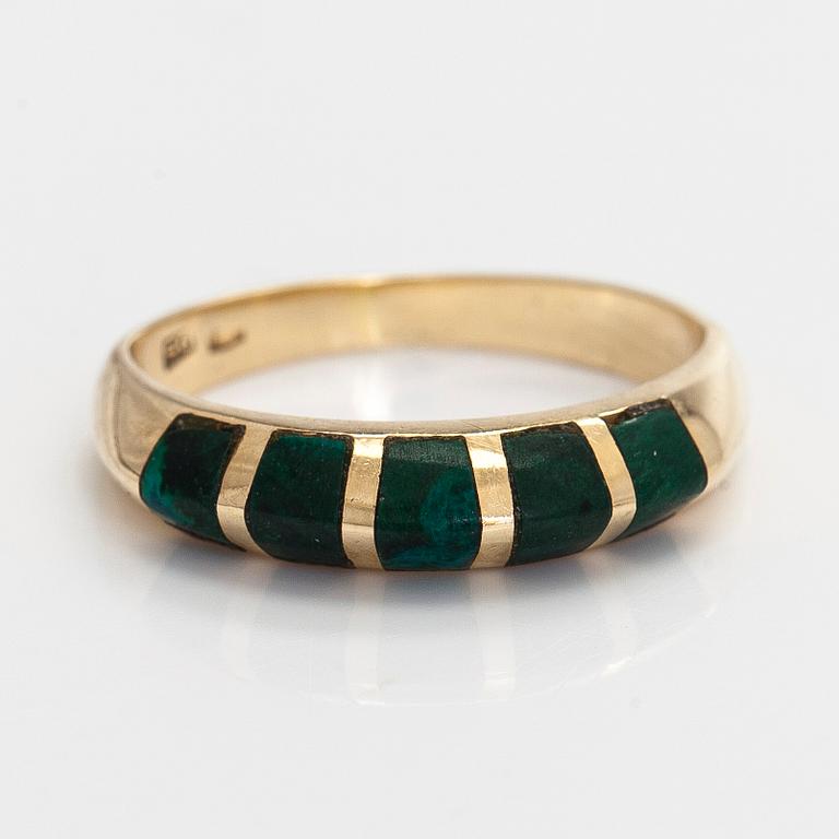 Smyckesset, 3 delar, collier, ring och örhängen, 14K guld och malakit.