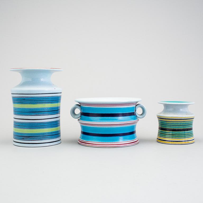 STIG LINDBERG, a lot of three vases and a candlestick, faience, Gustavsberg 1960s.