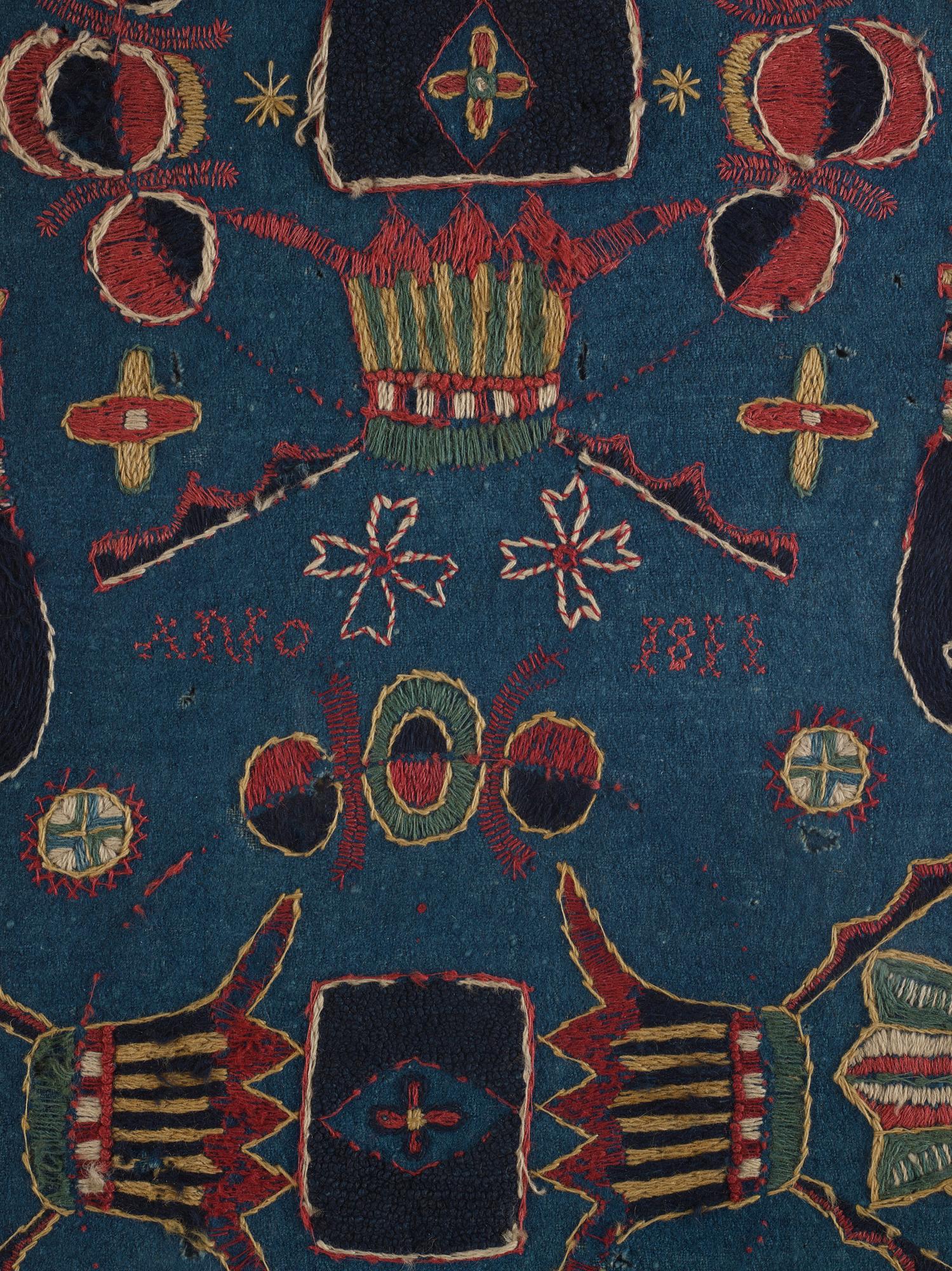 Inramad åkdyna, broderad, ca 93,5 x 43 cm, signerad AMA, Skåne, daterad 1811.