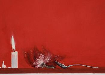 Ylva Snöfrid, “Xenia with candle, cut poppy capsule, poppy flower, spoon with heroin and wisdom teeth”.