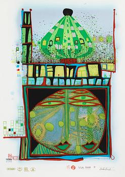 Friedensreich Hundertwasser, photo lithograph and silk screen with metal embossing, 1984. Signed and numbered 4379/10002.