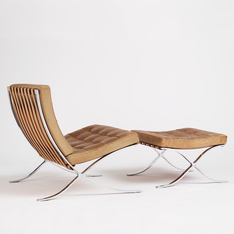 Ludwig Mies van der Rohe, a "Barcelona" easy chair and ottoman, Knoll, 1970s.