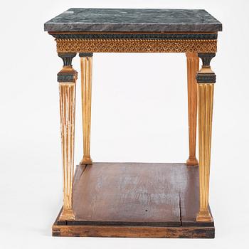 A late Gustavian giltwood, patinated and Bleu Turquin console in the manner of J. Frisk, Stockholm circa 1800.