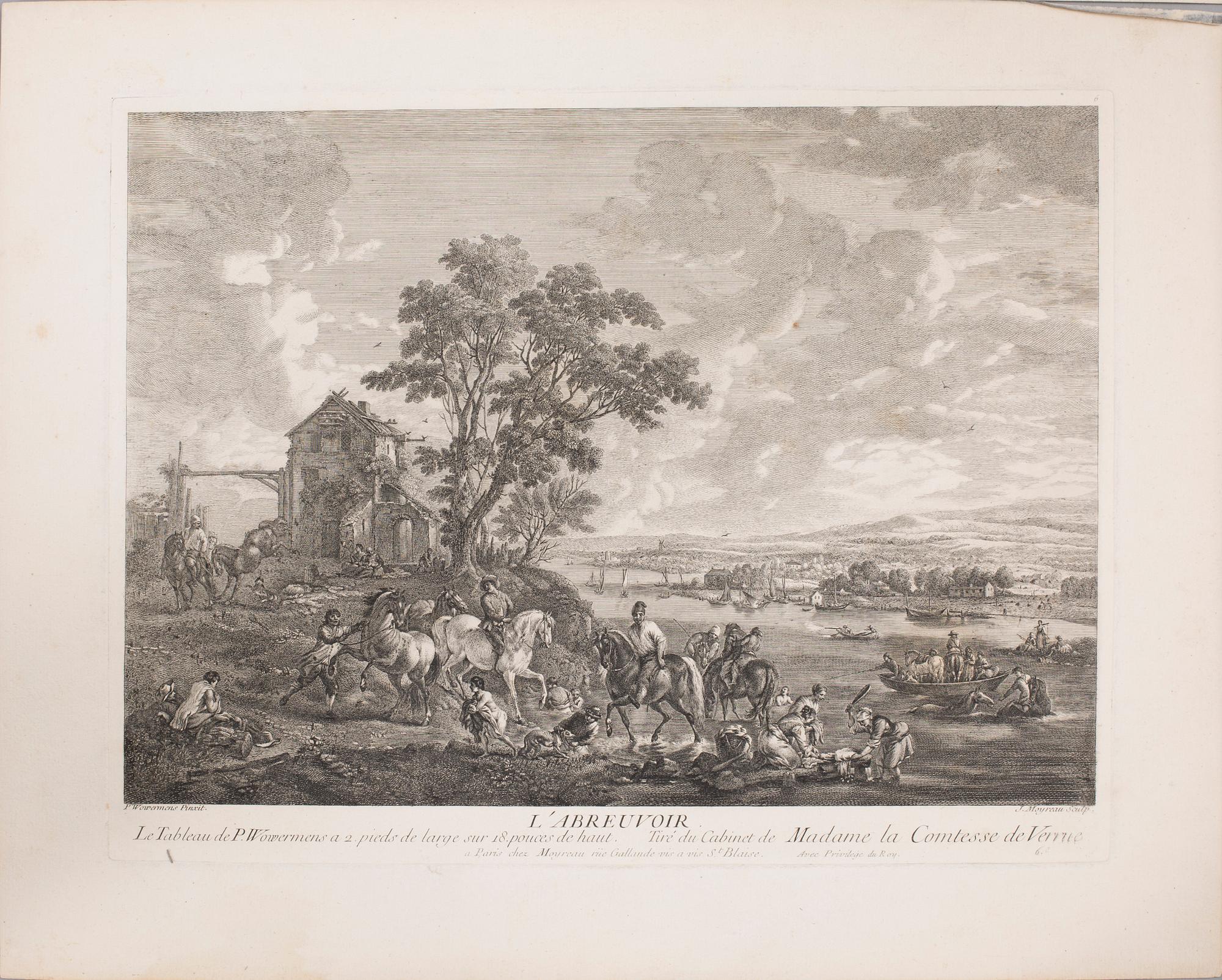 PHILIPS WOUWERMAN, after, six unframed coppar engravings, 18th century.