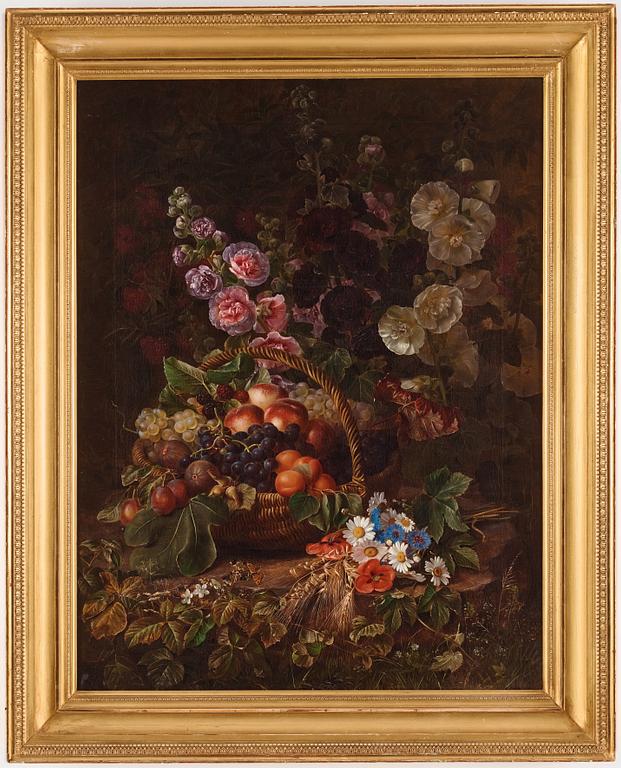 Johan Laurentz Jensen, Stilleben med stockrosor, prästkragar, blåklint, vallmo, kornax, rönnbär och en fruktkorg.