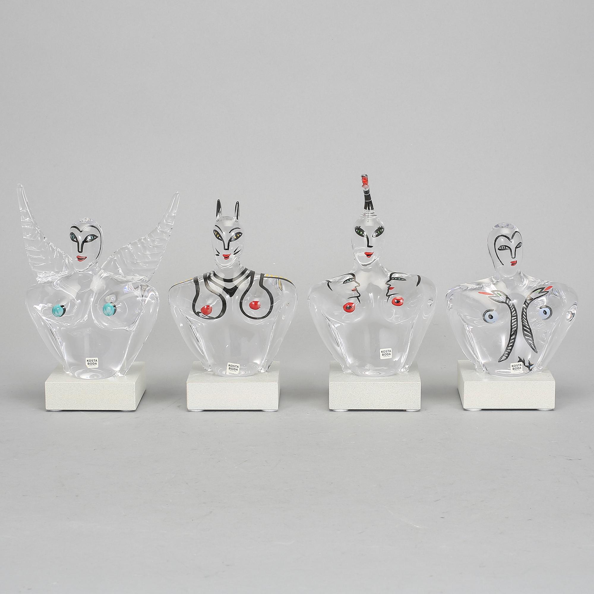 SKULPTURER, 4 st, glas, Ulrica Hydman-Vallien, Kosta Boda.