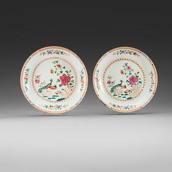 1574. A pair of famille rose 'double peacock' dishes, Qing dynasty, Qianlong (1736-95).